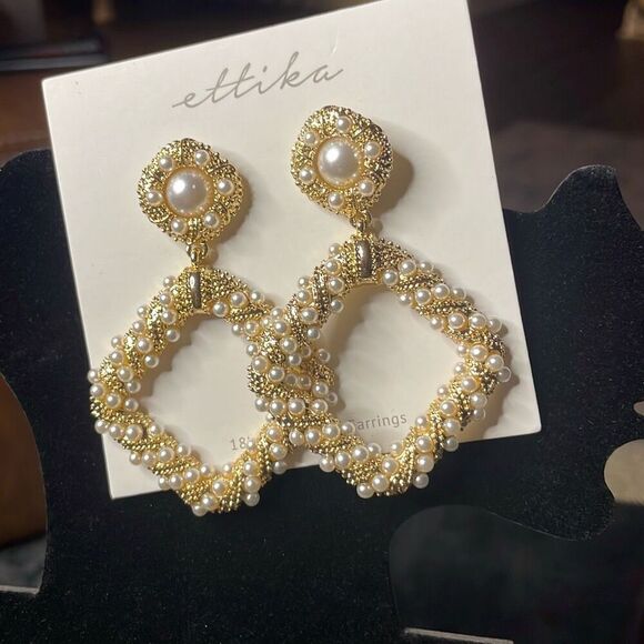 Ettika Womens 18 KT Gold Plated Earrings Gold Tone with Pearls Square NWOT - Picture 2 of 5